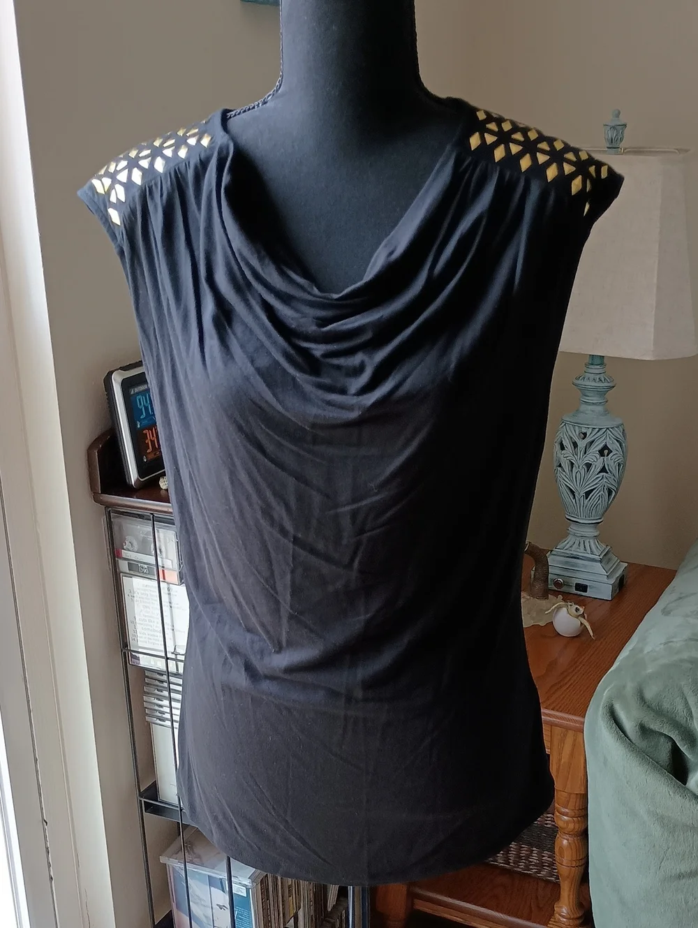 Chaus Black Cowl Neck Camisole with Gold Shoulder Cutouts - Picture 1 of 3